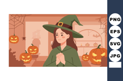 Young woman wearing green witch costume with pumpkins and co Product Image 1