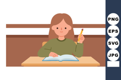 Girl Studying with Pencil and Open Book in Classroom Setting Product Image 1