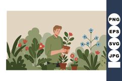 Man Gardening with Potted Plants and Greenery in Outdoor Nat Product Image 1