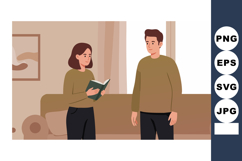 Young man and woman reading book indoors casual lifestyle sc Product Image 1