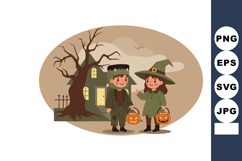 Children dressed in Halloween costumes holding pumpkin lante Product Image 1
