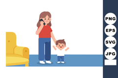 Woman Talking on Phone with Toddler Boy Standing on Blue Car Product Image 1