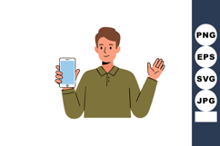 Young man holding smartphone showing blank screen waving han Product Image 1