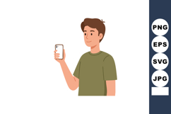 Young man holding smartphone in casual green t-shirt vector Product Image 1