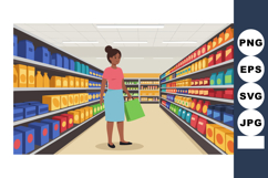 Woman shopping in supermarket aisle with colorful product sh Product Image 1