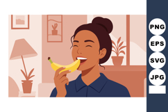 Woman Eating Banana in Cozy Home Interior with Plants and La Product Image 1
