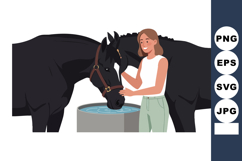 Woman Feeding Black Horse Water in Outdoor Stable Scene Vect Product Image 1