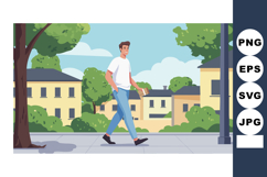 Man walking on urban sidewalk with trees and residential bui Product Image 1