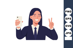 Woman Taking Selfie with Smartphone and Showing Peace Sign V Product Image 1