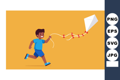 Boy Running Flying White Kite on Orange Background Vector Il Product Image 1