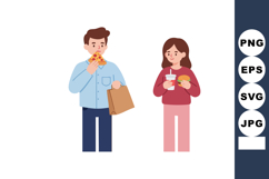 Man eating pizza and woman drinking soda with burger casual Product Image 1