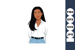 Young woman with long black hair wearing white shirt and blu Product Image 1