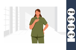 Female nurse standing in hospital corridor with hand on ches Product Image 1