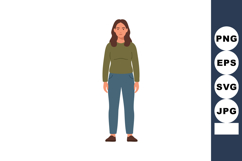 Woman standing in casual outfit with green top and blue pant Product Image 1
