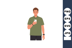 Young man standing holding smartphone with green shirt casua Product Image 1