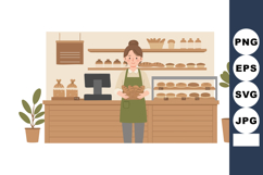 Female baker holding bread in bakery shop with shelves and p Product Image 1