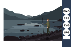 Man fishing by rocky lake shore with mountain landscape and Product Image 1