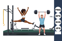 Woman and man exercising in gym with weights and fitness equ Product Image 1