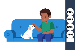 Boy Sitting on Blue Couch Petting Small White Dog Friendly I Product Image 1