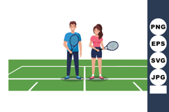Male and Female Tennis Players Standing on Court with Racket Product Image 1