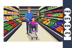 Father pushing daughter in wheelchair shopping fresh fruits Product Image 1