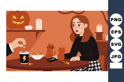 Woman Enjoying Halloween Candy with Cat and Pumpkin in Cozy Product Image 1