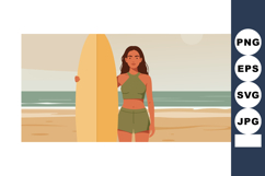 Woman holding surfboard on beach with ocean background in su Product Image 1