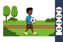 Boy walking with soccer ball in park with green trees and bu Product Image 1