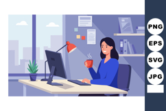 Woman working at computer desk with coffee cup in modern off Product Image 1