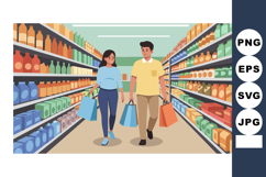 Couple shopping in supermarket aisle with colorful products Product Image 1