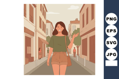 Young woman walking city street casual outfit summer warm to Product Image 1