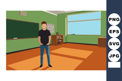 Young man standing in classroom with green walls and large w Product Image 1