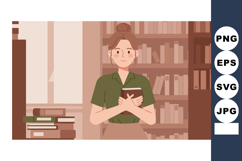 Woman holding book in library with warm brown tones vector i Product Image 1