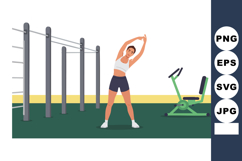 Woman stretching in gym with exercise bike and fitness equip Product Image 1