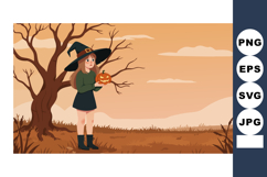 Halloween witch girl holding jack o lantern in autumn landsc Product Image 1