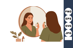Woman Applying Skincare Product in Front of Round Mirror wit Product Image 1