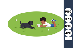 Boy reading book with black dog on green grass outdoors vect Product Image 1