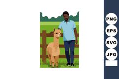 Man standing with brown llama near wooden fence in green fie Product Image 1
