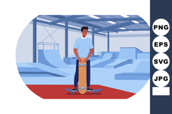 Young man holding skateboard in indoor skate park with ramps Product Image 1