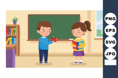 Children exchanging apple and book in classroom school learn Product Image 1