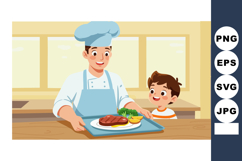 Chef serving food to boy in kitchen preparing meal vector il Product Image 1