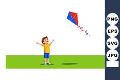 Boy flying colorful red and blue kite on green grass outdoor Product Image 1