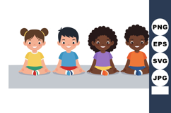 Diverse children sitting cross-legged smiling in colorful ca Product Image 1