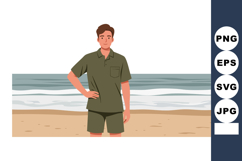 Young man standing on beach with ocean waves in background v Product Image 1
