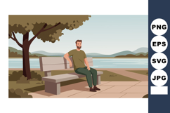 Man sitting on park bench near lake with tree and mountains Product Image 1