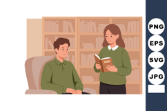 Young man and woman studying together in cozy library settin Product Image 1