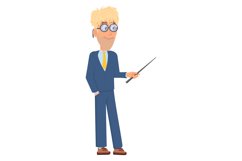 Businessman with wooden pointer stick. Happy man present Product Image 1