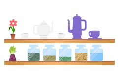 Kitchen wooden shelves with dishware and glass jar with food Product Image 1