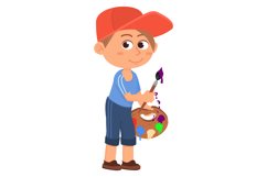 Kid artist character. Cute boy holding pallette and brush Product Image 1