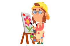 Kid artist character. Girl painting picture on canvas Product Image 1